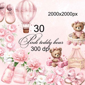 30 PNG Cyfrowy clipart miś Dziewczynka różowy Album fotograficzny Karta akwarela przezroczyste tło