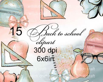 15 PNG Digital clipart Back to School images Scrapbook album card watercolor trasparent background Girl Pastel Sticker Blue
