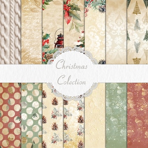 May include: A set of 10 digital papers featuring a variety of Christmas-themed patterns, including knit, polka dots, snowflakes, and pine cones. The papers are in a vintage style with a cream background.