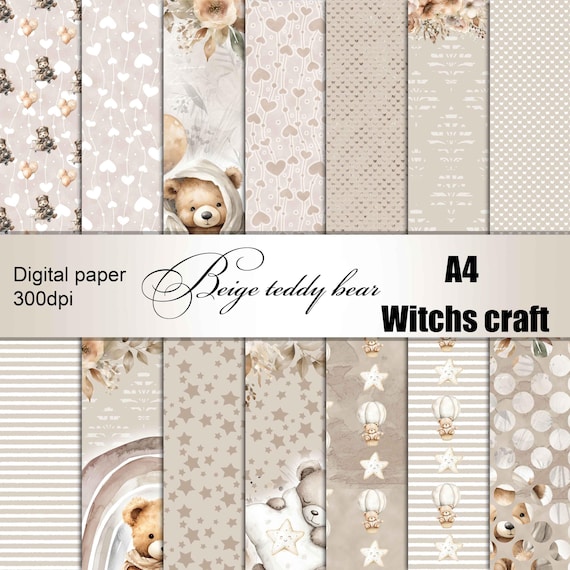 14 А4 Digital Paper Beige Baby Scrapbook Teddy Bear paper Digital Background Pattern Watercolor Texture Scrapbook Album Card Active boy girl