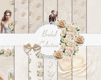 Op de afbeelding: Een set van 10 digitale papieren met verschillende ontwerpen met een bruiloft thema. De papieren bevatten afbeeldingen van rozen, champagne glazen en een bruidspaar. De papieren zijn in tinten crème, wit en beige. De tekst "Bridal Collection" wordt weergegeven op de papieren.