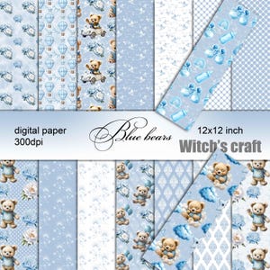 Papel digital azul para álbum de recortes de bebé niño, papel de osito de peluche, patrón de fondo, textura de acuarela, álbum de recortes, papel de regalo sin costuras
