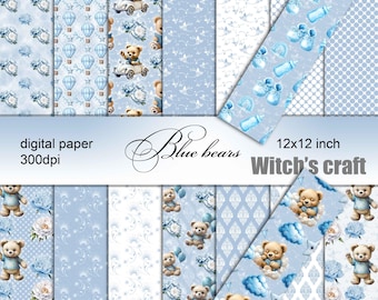 Digitaal papier Blauw Baby Boy Plakboek Teddybeerpapier Achtergrondpatroon Aquarel Textuur Plakboek Album Naadloos inpakpapier