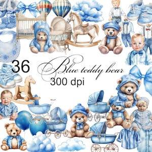 36 PNG Digital clipart teddy bear Baby boy Scrapbook album card watercolor trasparent background