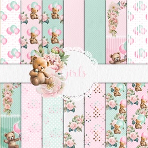 Ragazza Carta digitale Rose Orsetto Modello digitale Carta Confezione Sfondo digitale Ragazza Carta per scrapbooking Stampa Menta e rosa Carta digitale
