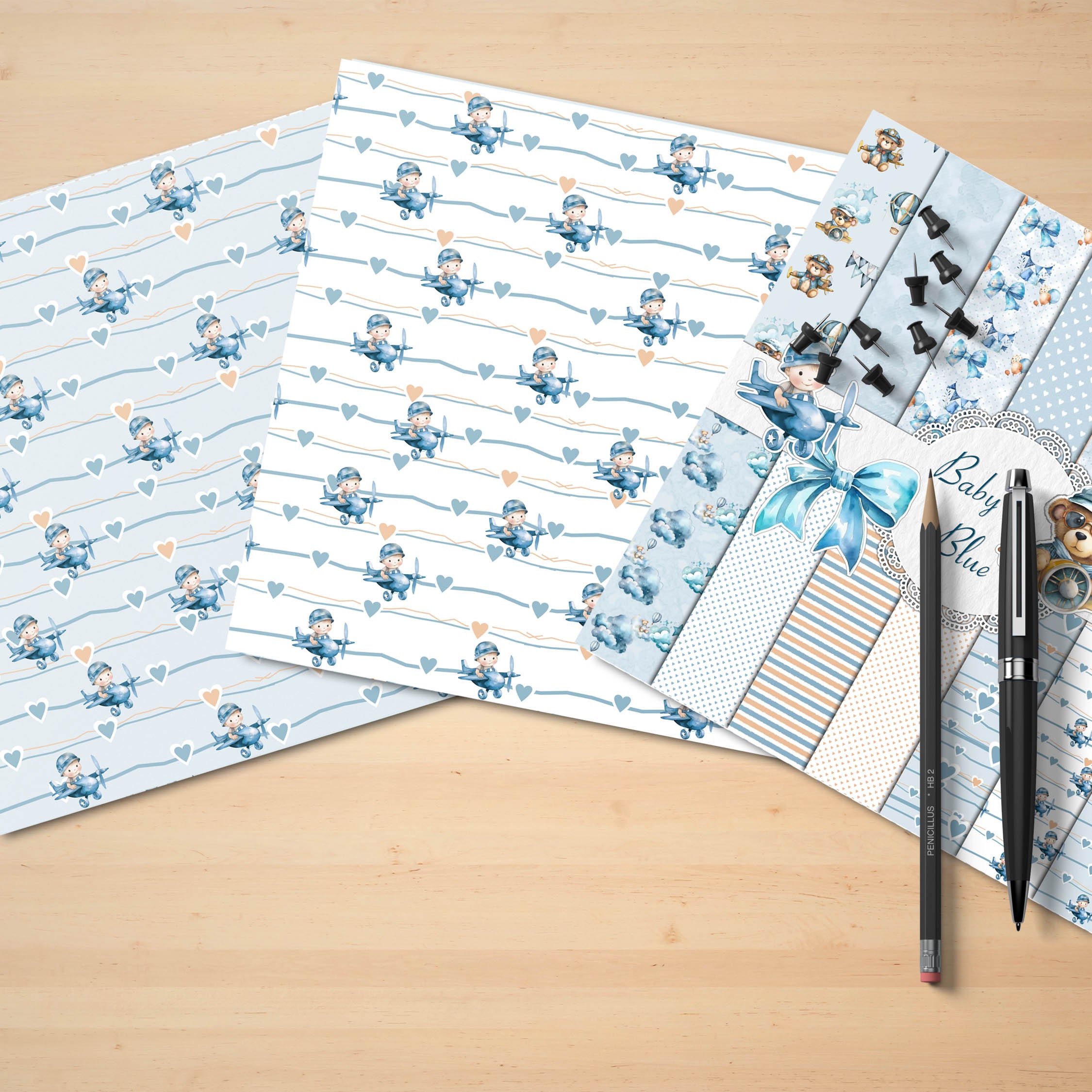 14 Digital Paper Blue Baby Boy Scrapbook Teddy Bear Paper Digital ...