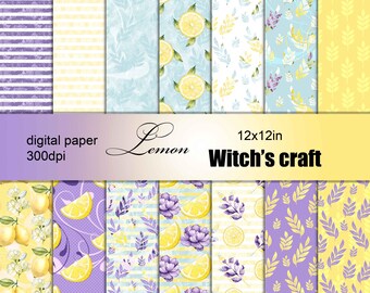 14 Papel Digital para Scrapbook de Noiva, Papel com Flor de Limão e Lavanda, Padrão de Fundo Digital, Textura de Aquarela, Álbum de Scrapbook, Cartão Ativo