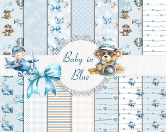 Könnte beinhalten: Ein Set aus 10 digitalen Papieren in Blau- und Weißtönen mit verschiedenen Mustern wie Punkten, Streifen, Herzen und Sternen. Die Papiere zeigen Illustrationen eines Teddybär-Piloten, eines Baby-Piloten und Flugzeugen. Der Text "Baby in Blue" ist auf einem weißen Banner zu sehen.