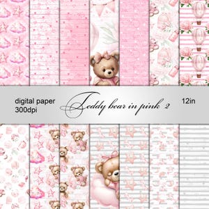 Puede incluir: Una colección de hojas de papel digital rosa con varios diseños, incluyendo osos de peluche, estrellas, nubes y rayas. El texto en la imagen dice "digital paper 300dpi" y "Teddy bear in pink 2 12in".