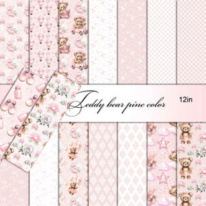 Digitaal papier Roze babymeisje plakboek teddybeer papier achtergrondpatroon aquarel textuur plakboek album naadloos inpakpapier