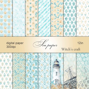 Digital Paper Blue sea Scrapbook Marine Element Starfish Seahorse Shells Digital Background Pattern Watercolor Scrapbook Album Card Active