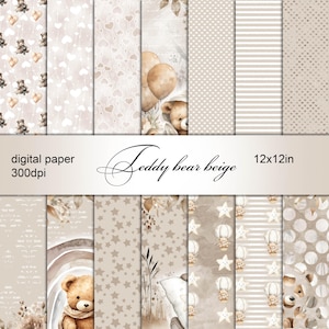 14 Papeles digitales beige para álbum de recortes de bebé, papel de osito de peluche, patrón de fondo digital, textura de acuarela, álbum de recortes, tarjeta, niño activo, niña