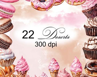Op de afbeelding: Een verzameling van 22 aquarel illustraties van desserts, waaronder donuts, macarons, cupcakes, ijshoorns en croissants. De illustraties zijn in tinten roze, bruin en wit, en zijn geplaatst op een lichtroze achtergrond met een aquareleffect. De tekst "22 Desserts 300 dpi" is in zwart onderaan de afbeelding geschreven.