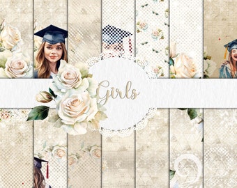 14 Papel digital A4 Graduación Chica Álbum de recortes Papel escolar Fondo digital Patrón Textura Mujer Álbum Tarjeta Activo 300 ppp + Clipart gratis