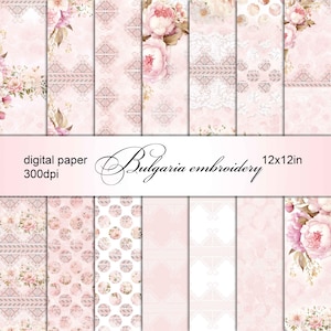 May include: A set of 12 digital papers featuring a pink and white floral pattern with a delicate lace design. The papers are 12x12 inches and 300dpi. The text "Bulgaria embroidery" is included in the image.