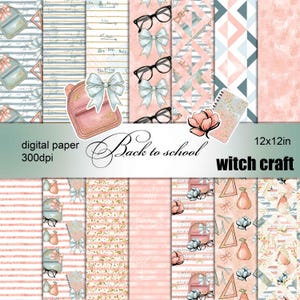 May include: A collection of digital paper sheets with various patterns and designs. The designs include stripes, geometric shapes, and illustrations of school supplies. The text "Back to school" and "witch craft" are visible. The paper size is 12x12 inches.
