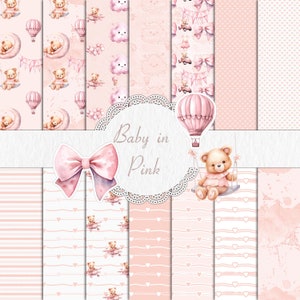 14 hojas de papel digital A4 rosa para álbum de recortes de niña, papel de osito de peluche, patrón de fondo digital, textura de acuarela, álbum de recortes, tarjeta activa