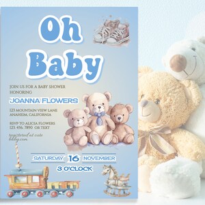 editable OH BABY! Baby Shower Invitation,  boho colors, teddy bears, diy edit & print baby shower template, digital download card 31B(4)-ob