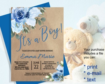 Rustic "It's A Boy" Baby Shower Invitation, Blue Floral (Digital Download)