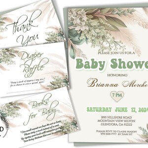 Editable Boho BABY SHOWER INVITATION Set, earth tones, Thank You, Books 4 Baby, Diaper Raffle, digital download, diy edit & print 39B(a)-set