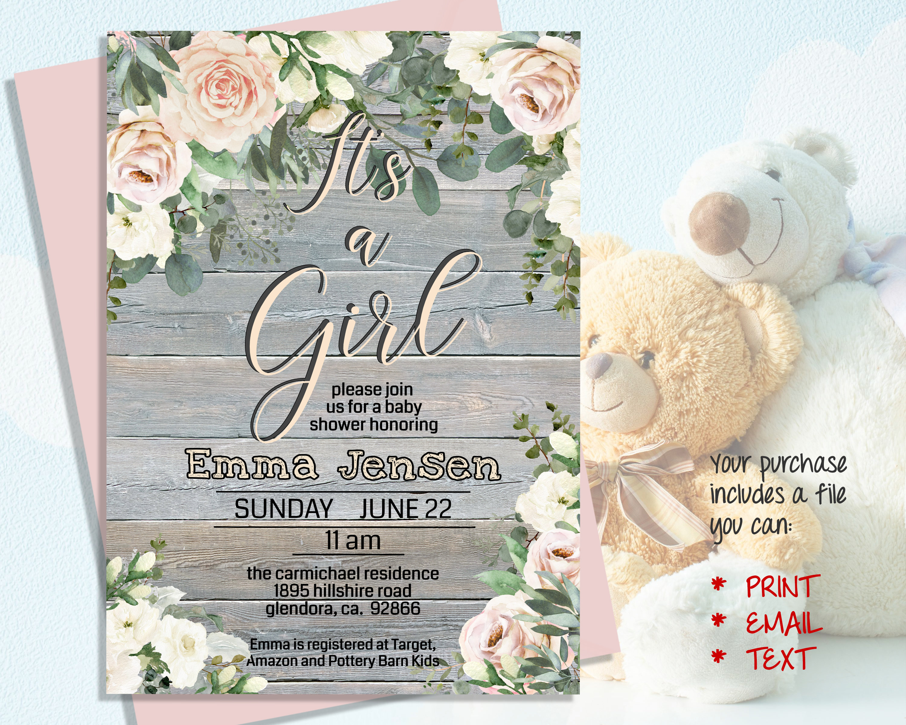 Editable IT'S A GIRL Baby Shower Invitation, Blush Peach Floral, Diy Print  Digital Download Template, Rose & Eucalyptus Greenery, Diy 3b-iag - Etsy
