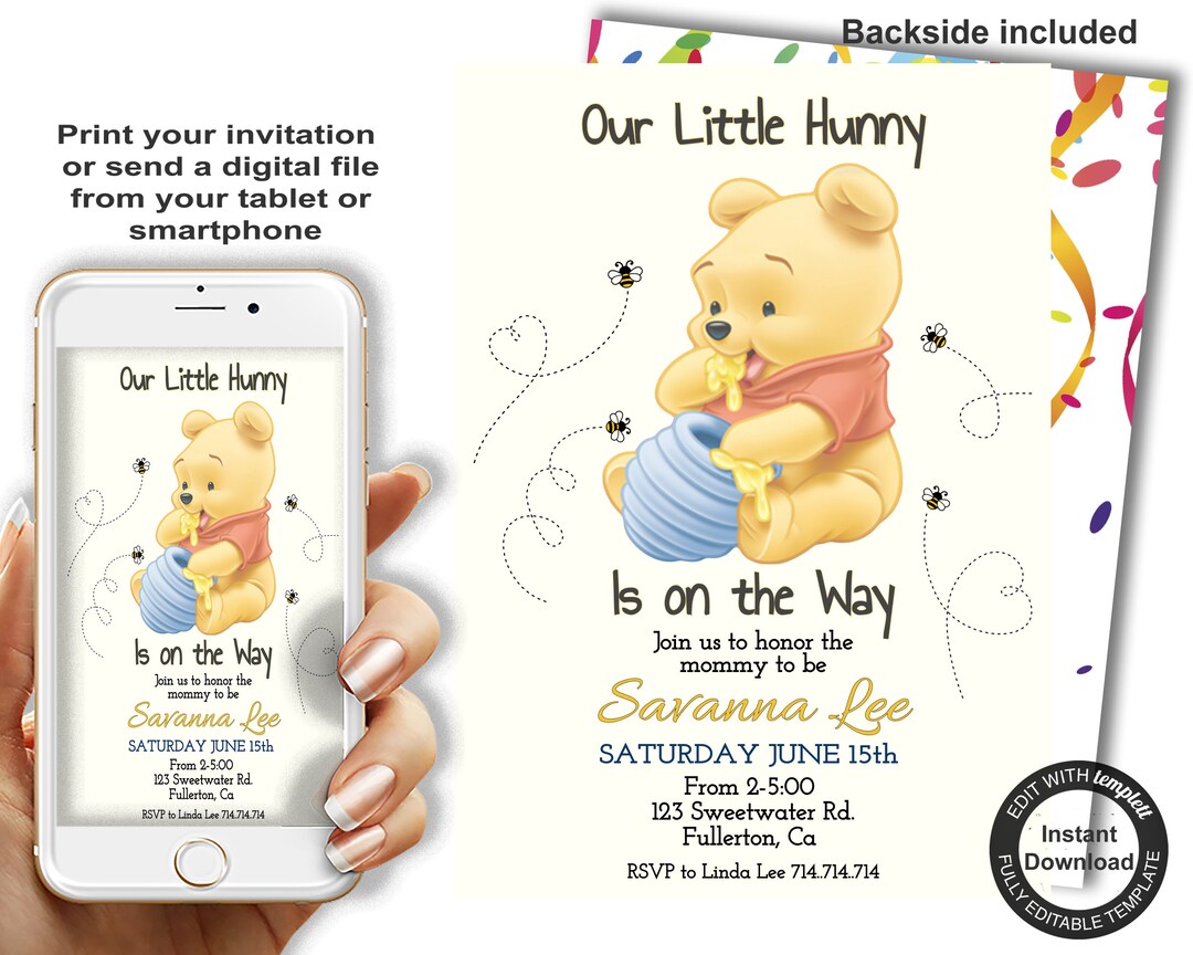Editable POOH Bear BABY SHOWER Invitation, our Little Hunny Pooh Theme, Digital Download, Evite ...