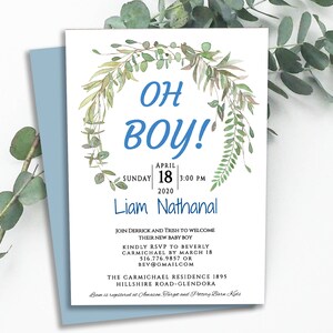 modifiable OH BOY, baby shower Invitation, modèle de baby shower, couronne d’eucalyptus verdure modifiable, téléchargement numérique carte imprimable 4-Oboy