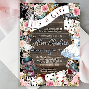 Editable Wonderland &quot;IT&#39;S A GIRL&quot; Baby Shower Invite, Alice in Wonderland theme, roses, digital download diy edit print template 47(a)B-iag