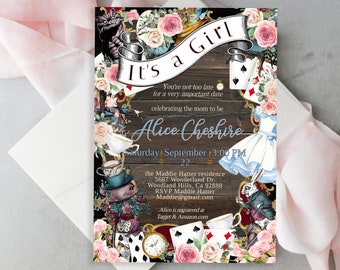 Può includere: Invito a una festa di benvenuto per un bambino a tema Alice nel Paese delle Meraviglie con uno sfondo in legno, fiori rosa e bianchi e un vestito blu e bianco. Il testo recita "It's a Girl", "Alice Cheshire", "Saturday September 22 + 3:00 PM", "the Maddie Hatter residence 5687 Wonderland Dr. Woodland Hills, Ca 92888 RSVP Maddie Hatter Maddie@gmail.com Alice is registered at Target & Amazon.com"