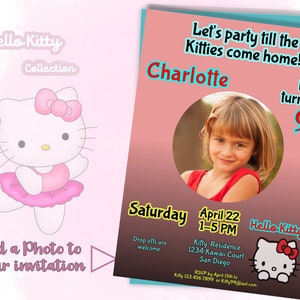 Editable Kawaii KITTY PHOTO BIRTHDAY Invitation, any age, 5x7 card, cute kitty theme, diy edit print template, digital download, 21B-bp(3)
