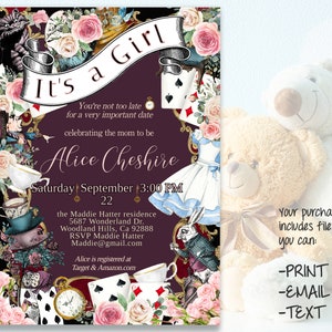 Editable Wonderland &quot;IT&#39;S A GIRL&quot; Baby Shower Invitation, Alice in Wonderland 5x7 digital download card, diy edit print template 47(b)B-iag