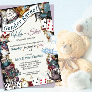 Editable Wonderland GENDER REVEAL Baby Shower Invitación, tema Alicia en el País de las Maravillas, Sombrerero Loco Tea Party, edición diy, descarga digital 47B-gr