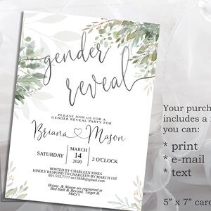 Invitación editable de GENDER REVEAL baby shower, plantilla de baby shower con corona de eucalipto y vegetación, descarga digital dky impresión niño niña 24 gr