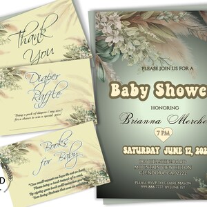 Editable Boho BABY SHOWER INVITATION Set, earth tones, Thank You, Books 4 Baby, Diaper Raffle, digital download, diy edit & print 39B-set