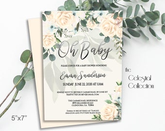 editable OH BABY baby shower Invitation, beige floral eucalyptus greenery shower invite digital download diy printable baby shower, 26-OB