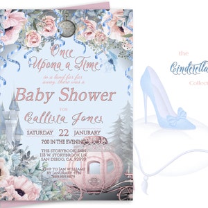 Editable CINDERELLA BABY SHOWER Invite, Once Upon a Time, romantic dusty raspberry & blues, digital download diy edit print template 17B-(1)