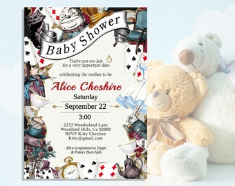 Pode incluir: Um convite para um chá de bebê com tema Alice no País das Maravilhas com um fundo branco e ilustrações coloridas. O convite apresenta um design caprichoso com personagens como o Chapeleiro Maluco, o Gato de Cheshire e Alice. O texto diz "Baby Shower", "You're not too late for a very important date", "celebrating the mother to be Alice Cheshire", "Saturday September 22", "3:00", "2233 Wonderland Lane Woodland Hills, Ca 92888", "RSVP Kitty Cheshire Kitty@gmail.com", e "Alice is registered at Target & Pottery Barn Kids".