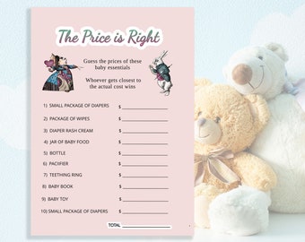 May include: A pink printable game card with the title "The Price is Right" and a list of baby essentials with blank spaces to fill in the price. The card features illustrations of the Queen of Hearts and the White Rabbit from Alice in Wonderland.