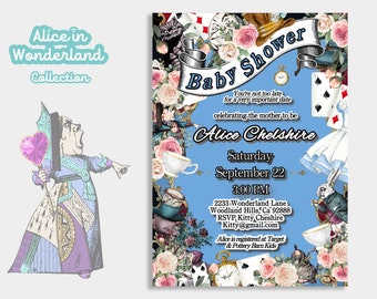 Pode incluir: Um convite para um chá de bebê com tema Alice no País das Maravilhas com fundo azul e ilustrações de cartas de baralho, xícaras de chá e o Chapeleiro Maluco. O texto diz "Baby Shower", "Você não está atrasado para uma data muito importante", "celebrando a futura mamãe", "Alice Chelshire", "Sábado, 22 de setembro", "15:00", "2233 Wonderland Lane Woodland Hills, Ca 92888", "RSVP Kitty Cheshire Kitty@gmail.com", "Alice está registrada na Target & Pottery Barn Kids".