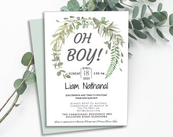 editable OH BOY Baby Shower Invitation,  baby shower template, eucalyptus wreath greenery digital download, diy printable boy 4-Oboy