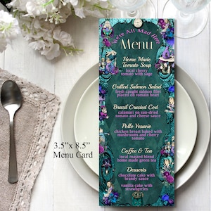 Editable &quot;DINNER MENU&quot; card, Dark Alice baby shower dinner menu, Mad Hatter 3.5&#39;X8.5&quot;, diy editable printable sign template,  48-food menu