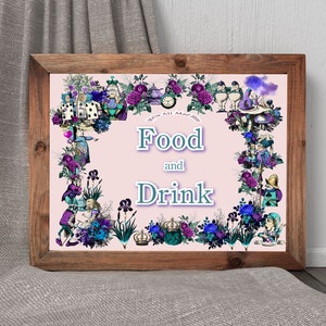 Wonderland &quot;FOOD and DRINK&quot; sign, Alice baby shower sign, Mad Hatter 8x10, diy edit print digital download template, no frame 48-f&d