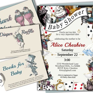 Editable Alice in Wonderland 4 CARD INVITATION SET, Wonderland matching theme baby shower cards, diy edit print, digital download  47B-set