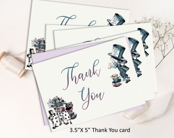 May include: Cream-colored 3.5" x 5" Thank You cards with a whimsical Alice in Wonderland theme. The cards feature illustrations of the Mad Hatter and other characters, with the words "Thank You" in a gradient font.