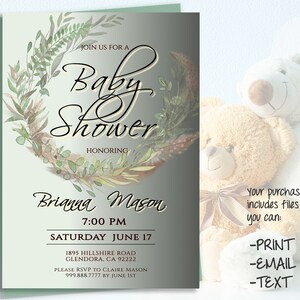 editable BABY SHOWER Invitation template, greenery wreath baby shower invitation, eucalyptus bohemian digital download printable 37B-bs