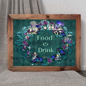 Wonderland &quot;FOOD & DRINK&quot; sign, Dark Alice baby shower sign, Mad Hatter 8x10, diy edit print digital download template, no frame 48-sign (2)