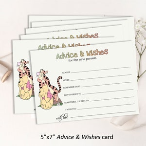 Puede incluir: Un conjunto de tarjetas de 12,7 x 17,8 cm con una ilustración de Winnie de Pooh y Tigger. Las tarjetas tienen líneas para escribir consejos y deseos para los nuevos padres. El texto de la tarjeta dice "Consejos y deseos para los nuevos padres".