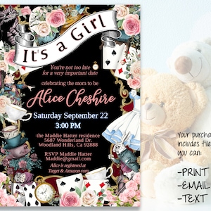 Editable Wonderland &quot;IT&#39;S A GIRL&quot; Baby Shower Invitation, Alice in Wonderland 5x7 digital download card, diy edit print template 47(c)B-iag
