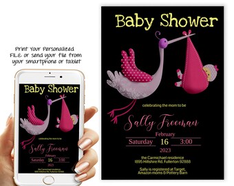 Faire-part de baby shower cigogne, modèle modifiable (téléchargement numérique)