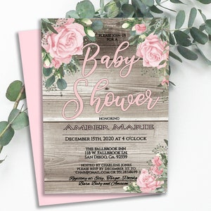 editable BABY SHOWER INVITATION, rustic blush pink floral baby shower, diy printable baby shower template, digital download, diy card 5P-bs